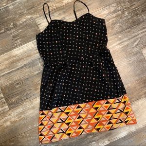 Black, Tan, & Orange Printed Dress with Pockets